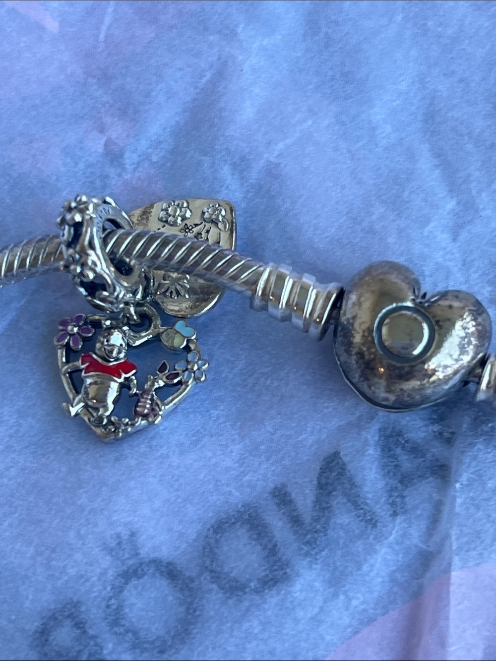 Winnie the Pooh Pandora Silver Snake Chain Bracelet with Heart Dangle Charm